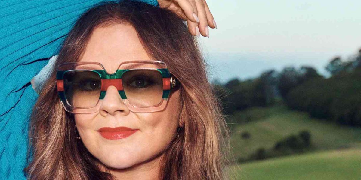 Melissa McCarthy was seen wearing transparent Gucci GG0178S 001 sunglasses with green and red webbing details in an InStyle Magazine feature