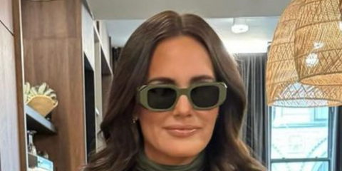 Meredith Marks wears Prada PR 17WS 13N5S0 khaki green sunglasses on Instagram post - shop online.