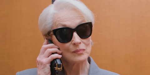 Meryl Streep is wearing  Prada PR C04S 16K08Z Black Cat Eye Sunglasses for Vogue US May Cover with Anna Wintour in the run up to the Devil Wears Prada 2 