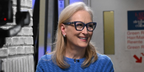 Meryl Streep was seen wearing striped blue Tiffany & Co TF2271 8432 optical glasses at The Late Show with Stephen Colbert promoting The Devil Wears Prada 2 in April 2026.