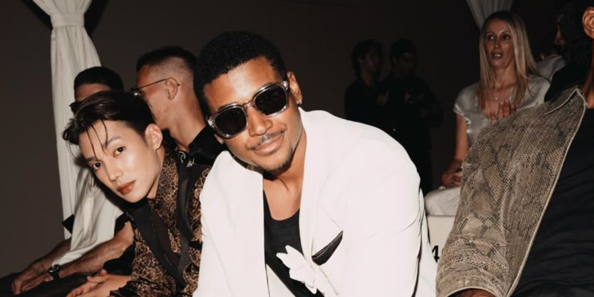 Actor Michael Cooper Jr. was seen wearing transparent Emporio Armani EA4245U 6250/7N sunglasses at the Emporio Armani Menswear Spring/Summer 2026 fashion show during Milan Men's Fashion Week.