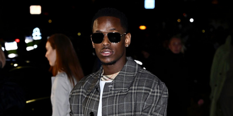 Micheal Ward was seen wearing gold Burberry BE3159 1109/87 square sunglasses at the Burberry Fall/Winter 2025 fashion show during London Fashion Week