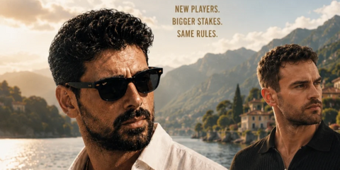 Michele Morrone was seen wearing black Ray-Ban RB 0880S 901/31 sunglasses in the new promotional image for The Gentlemen 2 alongside Theo James
