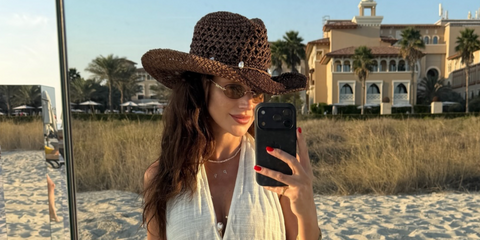 Actress and television personality Michelle Keegan of The Only Way Is Essex was seen wearing gold Miu Miu MU A54S ZVN10R oval sunglasses with yellow lenses in her Instagram post, January 2026.