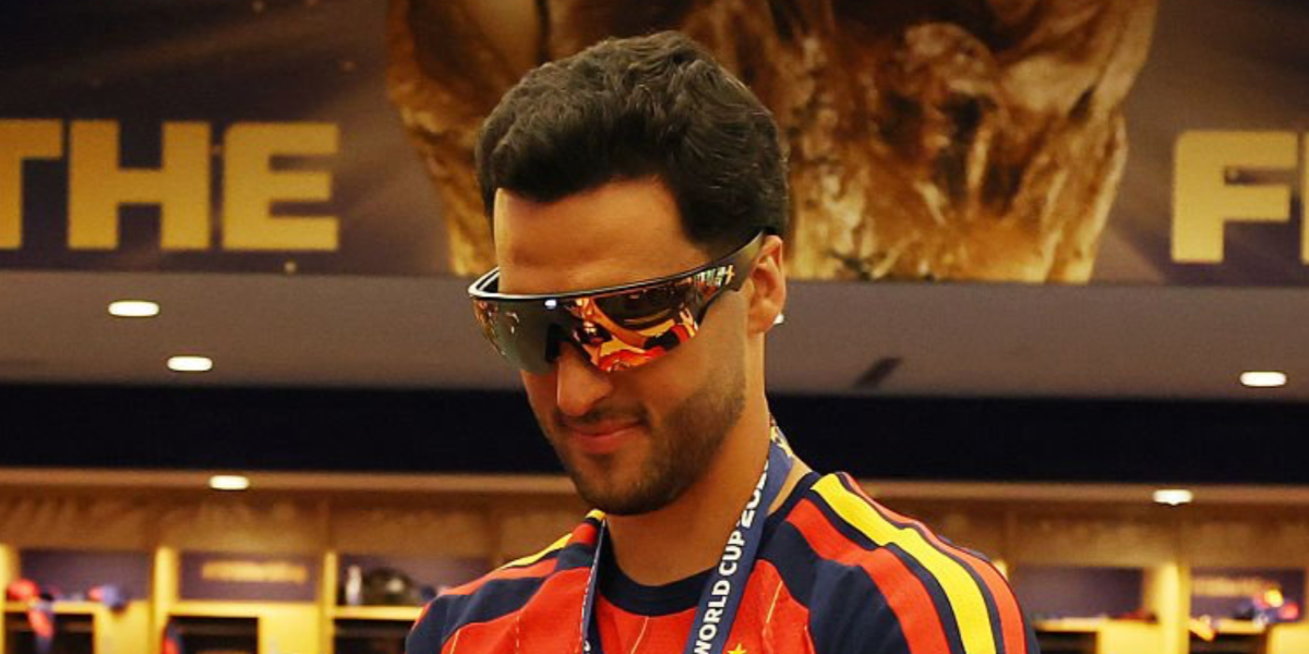 Spain midfielder Mikel Merino was seen wearing black Oakley Meta Vanguard OW8001 04 Smart Glasses with 24k prizm lenses following Spain's victory at the FIFA World Cup 2026 against Argentina.