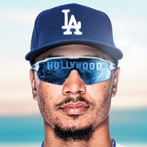 Baseball player Mookie Betts was seen waring white and blue Oakley Radar EV Path OO9208 57 sunglasses in a Major League Baseball tweet commemorating his appointment at Los Angeles Dodgers