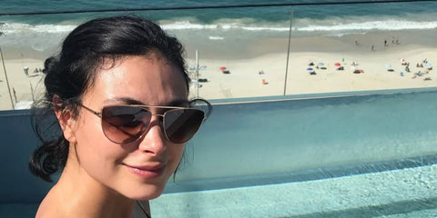 Actress Morena Baccarin was seen wearing gold Garrett Leight Zephyr 4028 G-MDHT/SFSEG sunglasses with brown gradient lenses in her Instagram post, February 2021.