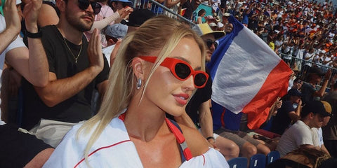 Morgan Riddle is wearing Red Jacquemus JAC 5 C3 Sun Sunglasses at the Paris Olympics 2024