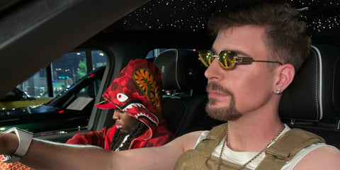 MrBeast was seen wearing gold Versace 2274 1002/7P rectangular sunglasses in his Instagram post in May 2025, alongside Kai Cenat. Shop online now on Pretavoir