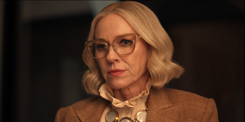 Naomi Watts was seen wearing dusty pink Dita Amorly DTX 408 03 cat eye optical glasses in legal drama All's Fair on Hulu.