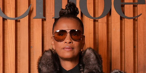 Swedish singer Neneh Cherry was seen wearing gold Chloe CH0348S 004 aviator sunglasses with tricolour brown smoke gradient lenses at the Chloé Spring/Summer 2026 fashion show during Paris Fashion Week. Shop online now on Pretavoir