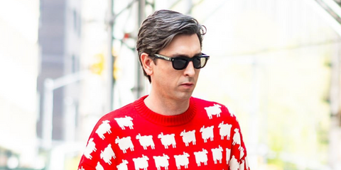 Actor Nicholas Braun was seen wearing black Garrett Leight Mr. Leight Duke S ML2034 BK-GM/OXFGY Polarised sunglasses in New York City, April 2026.