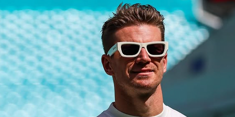 Nico Hulkenberg wears Palm Angels Auberry PERI048 0107 sunglasses to the 2024 Miami Grand Prix