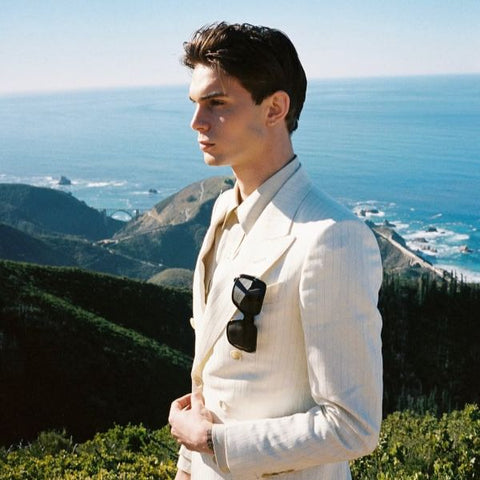 German digital creator Nils Kuesel was seenwearing black Tom Ford Kaya TF1082 01B sunglasses at the Tom Ford Bois Pacifique perfume event in Big Sur, February 2025.
