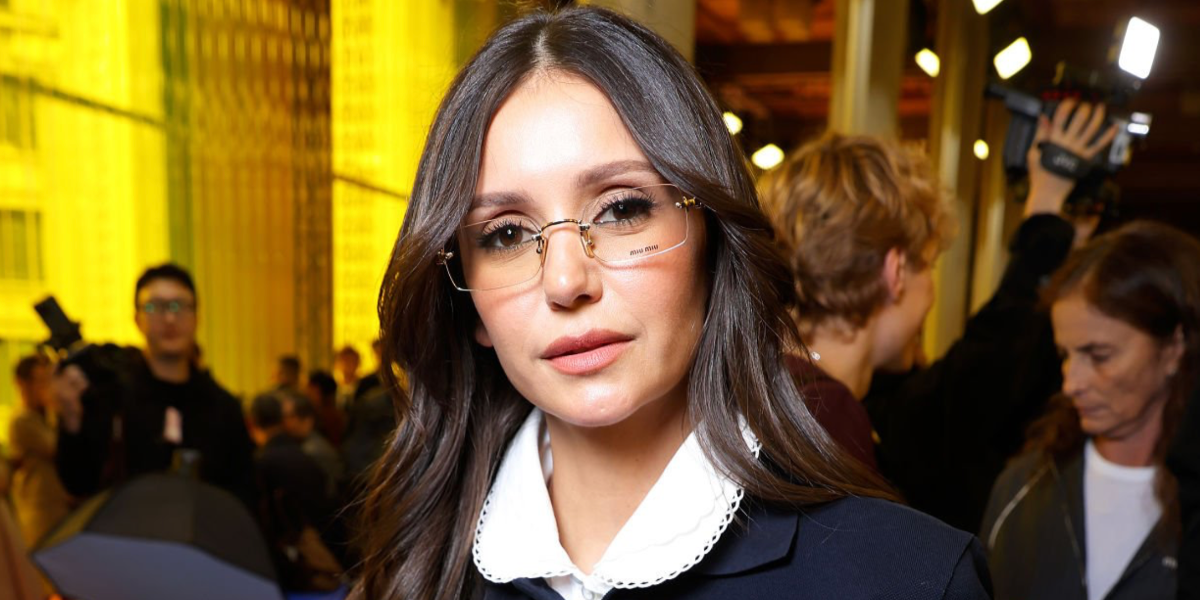 Nina Dobrev was seen wearing gold Miu Miu MU 50YV ZVN1O1 rimless optical glasses at the Miu Miu Spring/Summer 2026 fashion show during Paris Fashion Week. Shop online now on Pretavoir