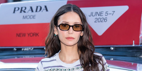 Nina Dobrev was seen wearing dark tortoiseshell Prada PR D06S 17N70R sunglasses at the Prada Mode event in New York City, June 2026.