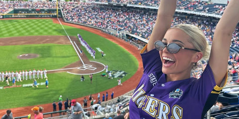 Gymnast and influencer Olivia Dunne was seen wearing Miu Miu MU 04ZS 1AB5S0 oval sunglasses in her Instagram post, June 2025