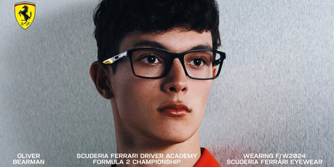 Formula racer Ollie Bearman was seen modeling black Ferrari Scuderia FZ8012U 501 rectangular optical glasses in the Scuderia Ferrari Eyewear Fall/Winter 2024 campaign