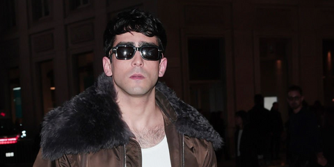 Spanish actor Omar Ayuso was seen wearing black Bottega Veneta BV1442S 001 sunglasses at the Bottega Veneta Fall/Winter 2026 fashion show during Milan Fashoin Week.