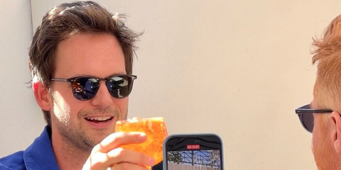 Canadian actor Patrick J. Adams was seen wearing black Garrett Leight Brooks 2002 MBK/BS PLR Polarised sunglasses while recording for Jesse Tyler Ferguson's "Dinner's On Me" podcast in November 2024.