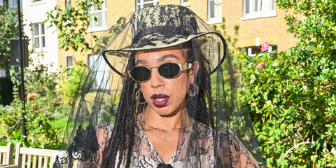 Actress Pearl Mackie was seen wearing gold Versace 2264 1002/87 oval sunglasses during London Fashion Week season Spring/Summer 2026.