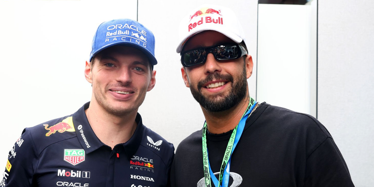 Brazilian surfer and television personality Pedro Scooby, pictured with Max Verstappen, was seen wearing black Oakley Permian OO9520 01 Prizm sunglasses at the F1 Grand Prix of Brazil 2025. Shop online now on Pretavoir