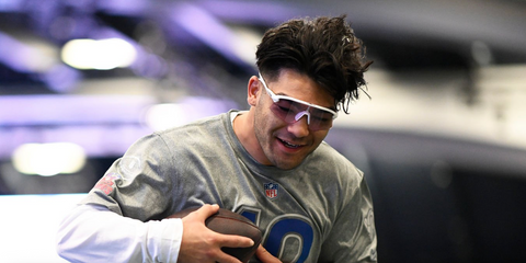 American football player Puka Nacua of Los Angeles Rams was seen wearing white Oakley Stunt Devil OO9517 07 Prizm sunglasses at the NFL Pro Bowl Practice 2026 in San Francisco.