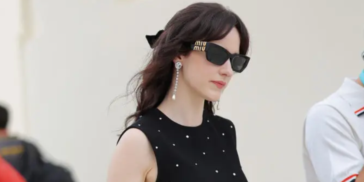 Rachel Brosnahan is seen wearing black Miu Miu MU 09WS 1AB5S0 sunglasses to attend Venice Film Festival