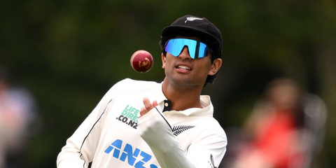 New Zealand cricketer Rachin Ravindra was seen wearing matte navy Oakley Sutro Lite Sweep OO9465 05 Prizm sunglasses during day four of the First Test match in the series between New Zealand and West Indies in Christchurch, New Zealand, December 2025.
