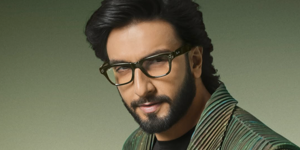 Bollywood actor Ranveer Singh wore transparent olive green Ray-Ban Meta Blayzer Optics RW7001 8530 Smart Glasses in October 2026.