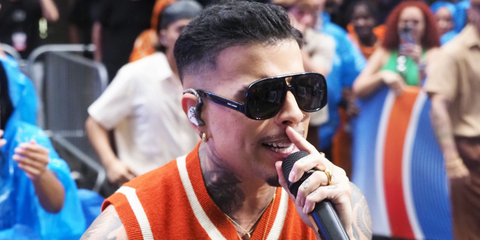 Puerto Rican singer Rauw Alejandro was seen wearing black Saint Laurent Sun SL 652 Solace 001 sunglasses while performing on NBC's "Today" in New York City, July 2024. Shop online now on Pretavoir