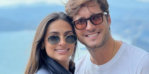 Mexican actress Renata Notni was seen wearing gold Ray-Ban Oval RB 3547 001/3M sunglasses with blue to grey gradient lenses, pictured with partner Diego Boneta
