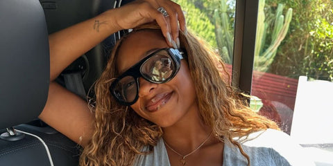 Renee Downer of FLO was seen wearing black Bottega Veneta BV1362S 005 sunglasses with yellow lenses in her Instagram post, July 2025. Shop online now on Pretavoir