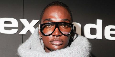 Internet personality Rickey Thompson was seen wearing black Tom Ford TF5958-B 001 Blue Control optical glasses at the Alexander Wang Spring/Summer 2026 fashion show during New York Fashion Week.