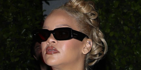 Rihanna seen at Giorgio Baldi restaurant in Los Angeles wearing black Gucci rectangle sunglasses