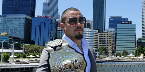 Australian mixed martial artist and former UFC champion Robert Whittaker was seen wearing black and antique silver Dita Mach One DRX 2030 E sunglasses in Perth, December 2017.