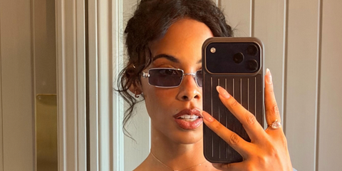 Rochelle Humes was seen wearing silver Cartier Panthere CT0473S 004 rectangular sunglasses with light blue lenses in her Instagram post, May 2026.