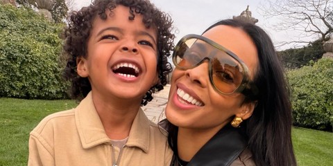 Rochelle Humes was seen wearing green tortoise Gucci GG2164S 004 sunglasses with brown lenses in her birthday post on Instagram, March 2026.