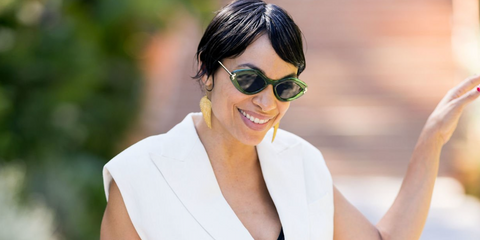 Rosario Dawson was seen wearing green and gold Pucci EP0223/S 93N sunglasses at the photo call of "Filming Italy 2024"