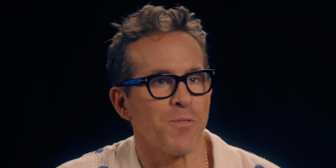 Ryan Reynolds wears Tom Ford square blue control optical glasses in 'It Ends with Us' movie interview.