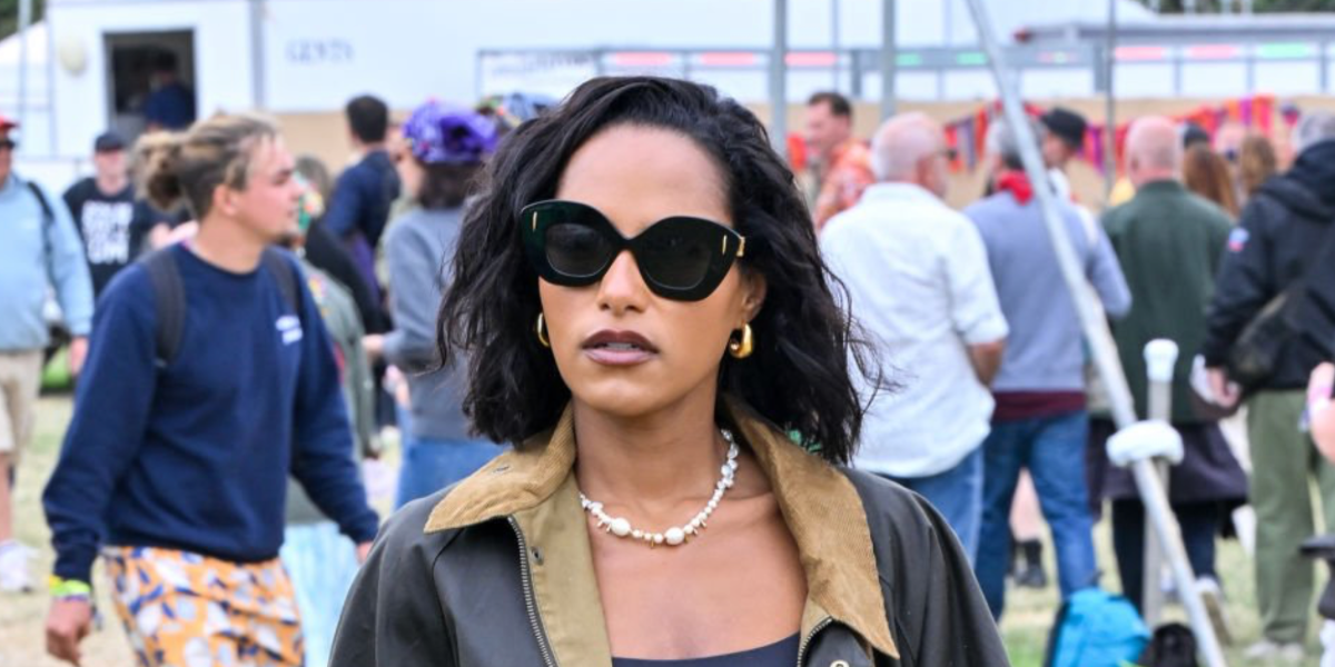British actress Saffron Hocking was seen wearing black Loewe Anagram LW40127I 01A cat eye sunglasses at Glastonbury Festival 2024