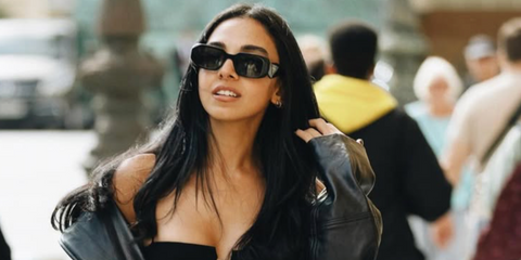 Egyptian actress Salma Abu Deif was seen wearing black Prada PR 17WS 1AB5S0 Symbole Sunglasses in her Instagram post, December 2023. Shop online now on Pretavoir