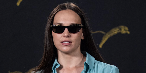 Sara Serraiocco was seen wearing black Valentino La Coureuse VG0044S 001 sunglasses with gold and crystal embellishments at the Locarno Film Festival 2026 in Switzerland