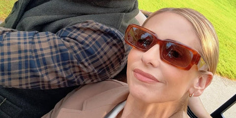 Sarah Michelle Gellar was seen wearing tortoise Prada PR 27ZS 11P60C rectangular sunglasses on the set of "Ready or Not 2: Here I Come"