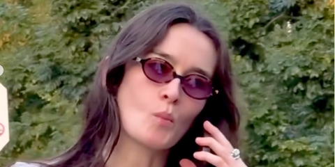 Sarah Pidgeon was seen wearing tortoiseshell Miu Miu MU 04ZS VAU50D oval sunglasses with violet lenses in her Instagram post, May 2024. Shop online now on Pretavoir