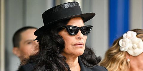 Sarita Choudhury was seen wearing black Bottega Veneta BV1101S 001 cat eye sunglasses on the set of And Just Like That in New York City, July 2024