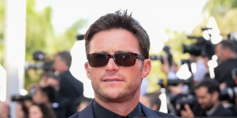 Scott Eastwood was seen wearing tortoiseshell Persol 2803S 24/57 Polarised rectangular sunglasses to the 2024 Cannes Film Festival