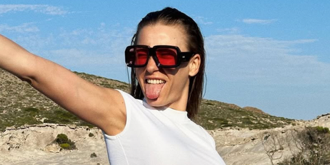 Turkish actress Serenay Sarikaya was seen wearing black Loewe x Paula's Ibiza LW40064U 01Y sunglasses with red lenses in her Instagram post, June 2023.