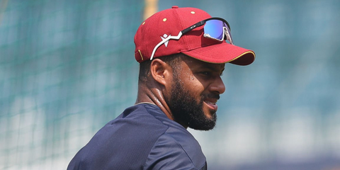 Cricketer Shai Hope of West Indies was seen wearing black and marbled white Oakley BXTR OO9280 03 Prizm sunglasses at the ICC Men's T20 Cricket World Cup 2026.