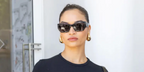 Shanina Shaik was seen wearing black Marc Jacobs Marc 723/S 807IR square sunglasses during the 2024 Cannes Film Festival